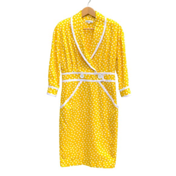 Vtg ADELE SIMPSON 80s Does 50s/60s Polka Dot Yellow White Wiggle Pencil Dress - Picture 8 of 16
